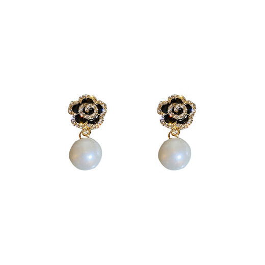 Camellia Earrings Retro Black Flower Pearl Earrings 2025 Niche Simple Cold Style Earrings Women Black 1 Pair
