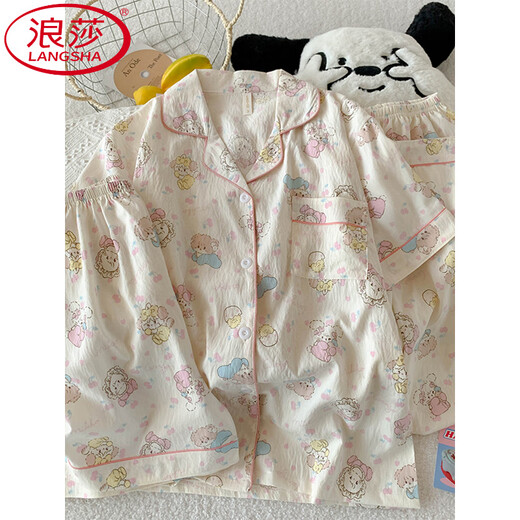 
LangSha (LangSha) three-piece pajamas for women for summer short-sleeved trousers cute cartoon cardigan girl cloud cotton summer home clothing set JS-9901# pink border mike three-piece set 2XL code 170-175 Weight 160 Jin [Jin equals 0.5 kg]