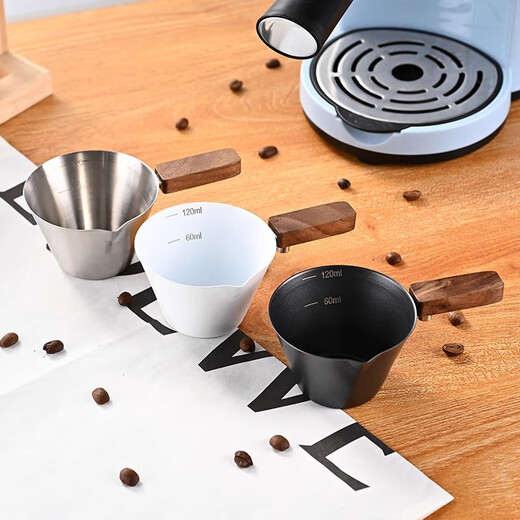 TEOTM wooden handle espresso measuring cup stainless steel small milk cup with scale coffee liquid extraction cup