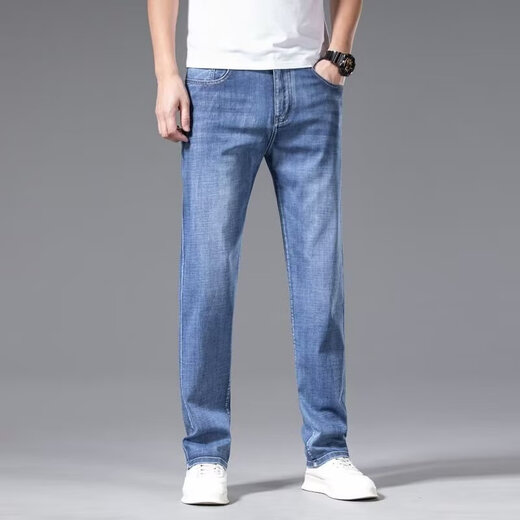 雅鹿牛仔裤男春秋季直筒宽松弹力商务休闲长裤男士潮牌百搭男装裤子 浅蓝色 31