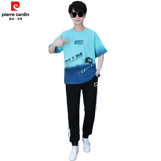 皮尔卡丹夏季青少年短袖T恤男孩衣服高中初中学生大童夏装帅气运动套装潮 蓝色 套装TZ9226款 190 3XL【135-165斤】