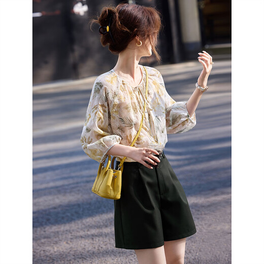 Awakening Paradise Summer Forest Style Super Fairy Design Niche Top Long Sleeve Floral Shirt Belt Shorts Two-piece Suit Women Dark Green S