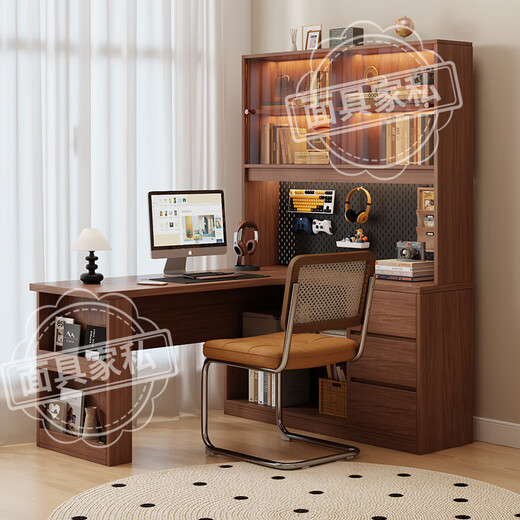 Mask furniture corner desk and bookcase integrated combination solid wood computer desk with perforated board bookshelf study table corner writing desk antique walnut color bookcase on the right 120*100*195cm
