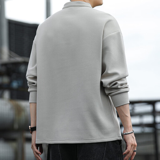 Cotton sweatshirt men's autumn and winter American retro Henry collar long-sleeved T-shirt bottoming shirt comfortable top men's Khaki M