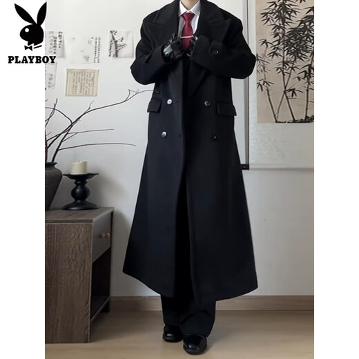 Playboy (PLAYBOY) black shoulder woolen coat for men and women in autumn and winter. Cotton and thickened long British style knee-length windbreaker woolen coat. Black cotton and thickened. XL 145 to 160Jin Jin is equal to 0.5 kg. Can be worn