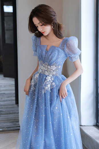 Weixuan evening dress for women's annual meeting, light luxury, niche high-end art exam, hosting solo performance, piano performance, blue skirt, blue, M one size fits all