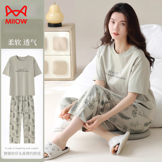 MiiOW 2025 new pajamas for women summer pure cotton short-sleeved trousers can be worn outside casual brand home clothes suit YZT9721 M Recommended 80-100Jin Jin equals 0.5kg to wear