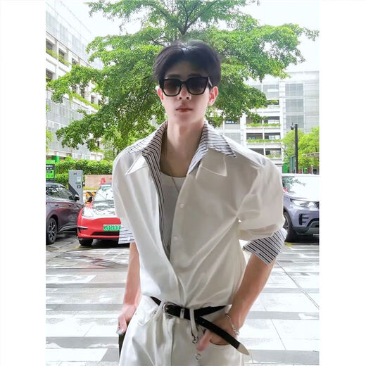 Jufeng Korean fake two-piece white long-sleeved shirt suit men's American striped splicing shirt and pants with a complete set of white shirt S (suitable for 85-100Jin Jin equals 0.5kg)