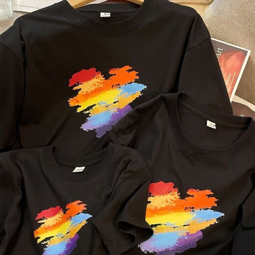 Parent-child clothing summer family of three mother and daughter 2025 new trendy mother-child clothing four high-end summer 100% cotton T-shirt white-Rainbow Love 180 (2XL) Adult