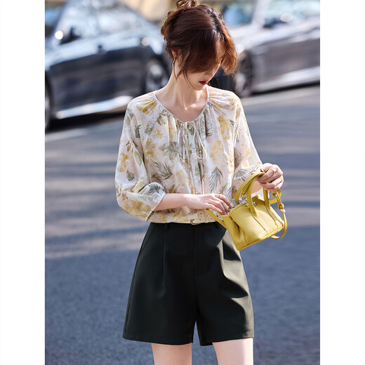 Awakening Paradise Summer Forest Style Super Fairy Design Niche Top Long Sleeve Floral Shirt Belt Shorts Two-piece Suit Women Dark Green S