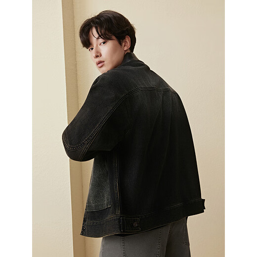 GXG Men's Barn Style Collar Spliced PU Denim Jacket Men's Loose Retro Black Brown 175/L