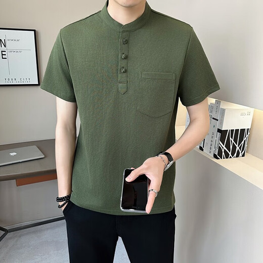 Yalu Chinese style cotton and linen short-sleeved t-shirt shirt men's summer henley collar linen top inch shirt stand collar shirt khaki M about 90~105Jin Jin equals 0.5kg can be worn