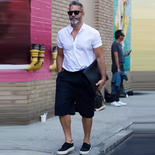 NOTITLE men's celebrity street style trendy summer new European and American retro small stand-up collar short-sleeved shirt Henry collar half-sleeved shirt white C627 S