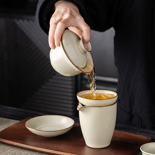 Ru kiln kung fu tea set complete set for home new high-end ceramic teacup teapot tea washing office complete set of tea set with 15 heads Ru kiln ink covered bowl 8 cups + pot washing channel