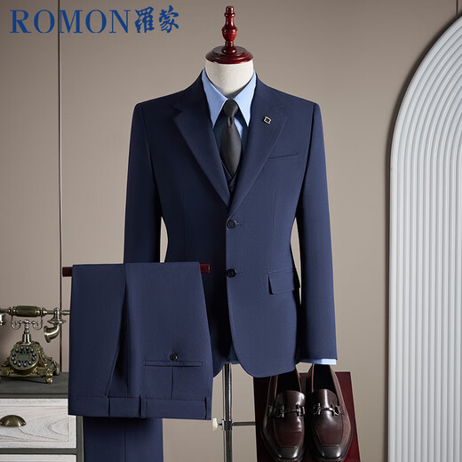 ROMON Suit+Vest+Trousers Suit Men's Business Professional Wedding Dress Jacket Navy Blue 2XL