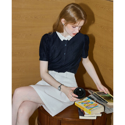 库恩玛维（KUHNMARVIN）【莱赛尔】都市摩登短袖衬衫女2025年夏新款拼色翻领衬衣K36682 藏青 M