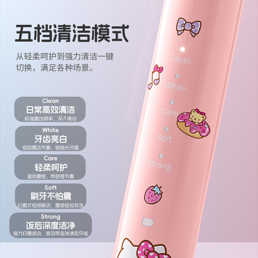 Yuanzhou Green New Year's Day Gift Sanrio Children's Electric Toothbrush for Boys and Girls Cute Soft-bristled Automatic Cleaning 2-3-6-10-12th Birthday Gift Smart Sonic Hello Kitty 1 Toothbrush - Contains 4 Brush Heads