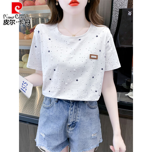 Camiseta de manga corta con estampado de algodón puro de Pierre Cardin, ropa de verano para mujer 2025, nuevo diseño suelto que cubre el vientre, camiseta versátil, tendencia superior 1396 Blue Meteor + W7274 Dandelion S adecuado para 80-99 Jin Jin equivale a 0,5 kg