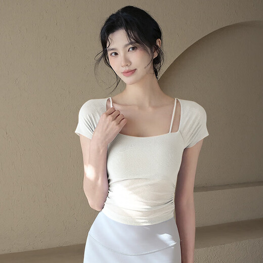 Yansitai yoga wear for women summer with chest pad short-sleeved T-shirt sports top high-end temperament slimming Pilates training fitness wear light ivory top S recommended 80-100Jin Jin equals 0.5 kg one size