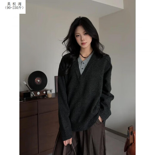 Wu Quanwan old money style deep v-neck fake two-piece sweater men's autumn lazy American retro Henry collar sweater black upgrade black upgrade XL