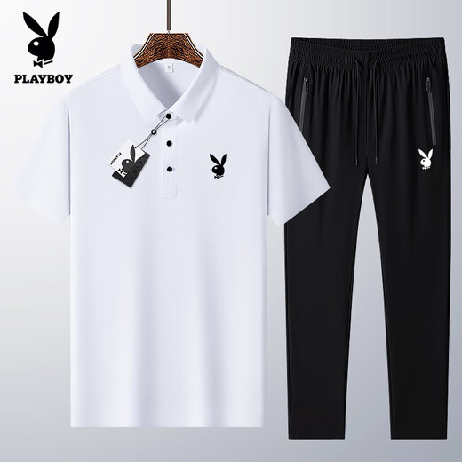 花花公子冰丝短袖运动套装男夏季速干商务休闲POLO衫男中年t恤父亲节衣服 6629-白色[短+长裤] M 穿90-105斤