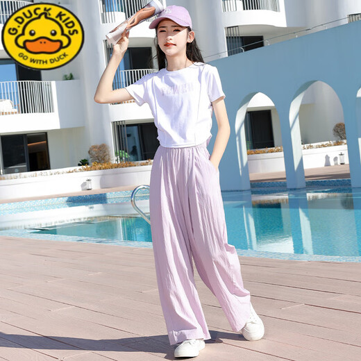G.duck小黄鸭女童夏装套装儿童2025新款大童短袖t恤长裤夏季休闲运动服 15025米白色+9731紫色 160 cm