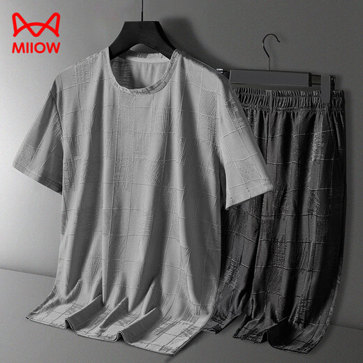 
Catman (MiiOW) 2025 new pajamas for men's summer modal ice silk short-sleeved trousers for men's outfits. 9906 gray-blue [short-sleeved + shorts] suit L [85-105Jin [Jin equals 0.5 kg]]