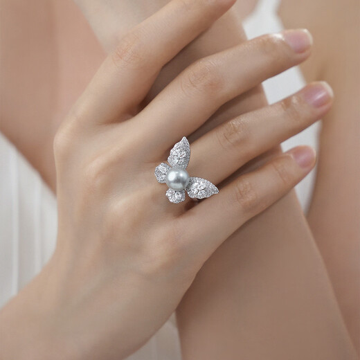 Meluxe S925 silver akoya gray seawater pearl ring butterfly live pearl female ring birthday gift for wife akoya gray 6-6.5mm