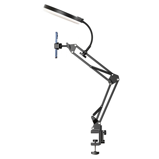 Qishiqi Overhead Shooting Mobile Phone Holder New Professional Live Broadcasting with Fill Light Desktop Mobile Phone Clamp Multi-angle Cantilever Adjustment Shooting Live Clip Recording Video Vlog Booking Food Cooking Black丨Cantilever Stand + 26cm Fill Light