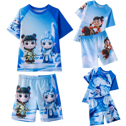 2025 new swimsuit for children and boys, short-sleeved sunscreen, quick-drying hot spring swimsuit, middle and older children Nezha cartoon swimsuit 23-Ao Bing L LL suitable for weight 20-40Jin Jin is equal to 0.5 kg