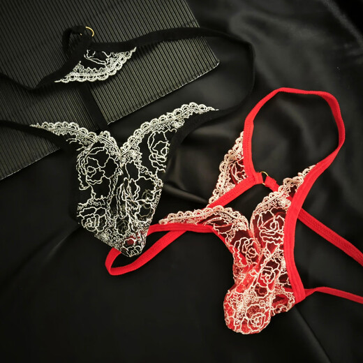 Men's fully transparent embroidered hollow one-thread seamless underwear low-waist thong seductive niche hot T-pants red one size 100-150