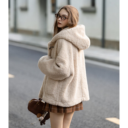 TonLion 2025 Winter Women's Hooded Horn Button One-Hand-Length Imitation Lamb Wool Jacket