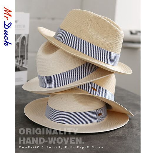 Mr DUCK's new product, handmade fine three-quarter grass white Panama straw hat for men and women, summer large-brimmed jazz beach hat with big head MS226236-khaki_empire blue ribbon (extra size (over 61cm, only for extra large head circumference)