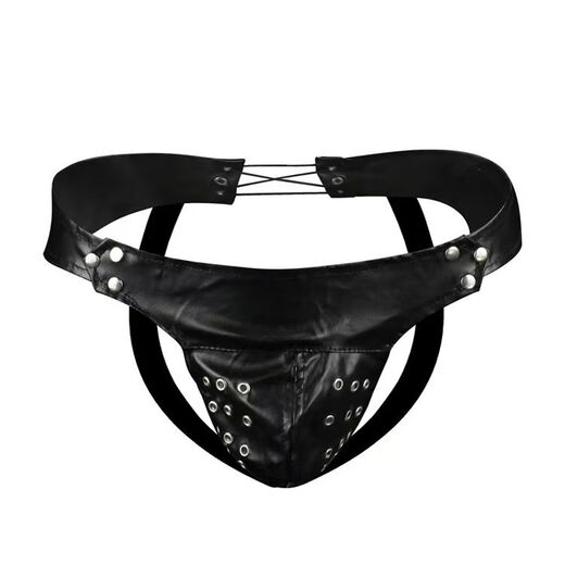 Men's men's sexy underwear, imitation leather iron nails, breathable rope thong, elastic passion nightclub sexy black one size