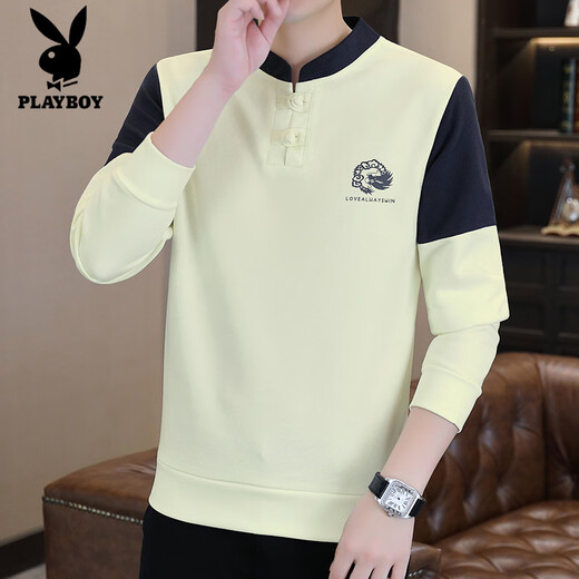 Playboy Chinese Style Sweater Men's Spring and Autumn Loose Versatile Color Block Bottoming Shirt Retro Button Henley Collar Pullover Top W36 Beige 2XL