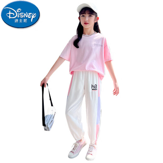 迪士尼（Disney）女童运动套装2025新款洋气时髦短袖儿童休闲夏季大童夏装女孩衣服 18209渐变9889白色 160 cm