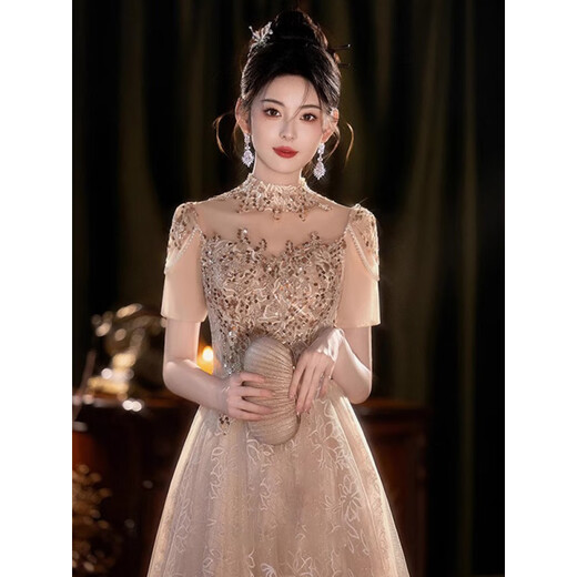 Pierre Cardin High-end Dress for Women 2025 New Light Luxury Niche Student Day Adult Ceremony Art Exam Host Small Style Champagne Gold S