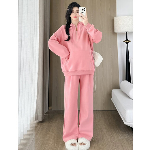 Ran Qiqi maternity wear autumn suit top long-sleeved loose hooded zipper sweatshirt pants two-piece set 2025 new autumn clothing apricot suit L