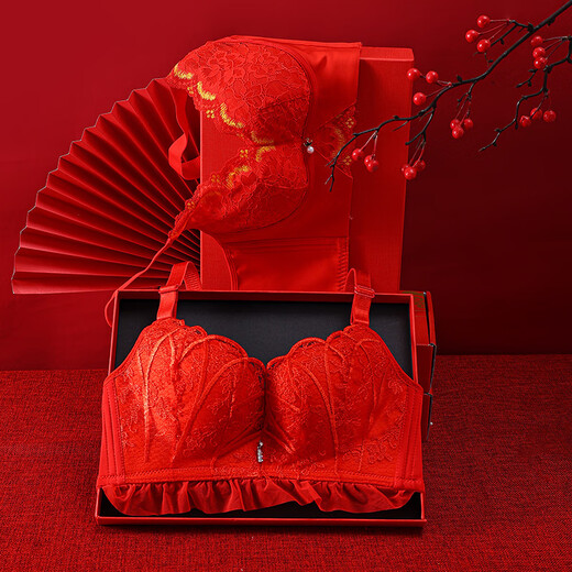 维多利亚的格调本命年结婚红色内衣女刺绣无钢圈防下垂收副乳聚拢上托文胸罩套装 6624【礼盒装】 80A
