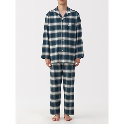 MUJI side seamless flannel pajamas men's home wear winter dark blue plaid 5A L