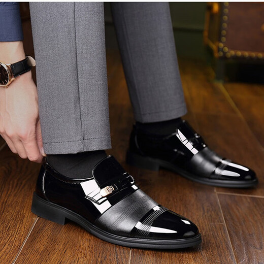 Hot Air Mic (Refengmai) Herren Lederschuhe Flachgeschäft formeller Anzug Fuß-Schlupf-Glanz-Arbeit Herrenanzug lässig große Schuhe Flat Heel 9905 Glanz schwarz 44
