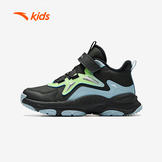 ANTA children's shoes, men's cotton shoes for older children, autumn and winter new arrival, plus suede mesh stitching, non-slip and wear-resistant ridge high-top children's sports shoes, men's black/thin blue-2 37, shoe inner length 23.5cm