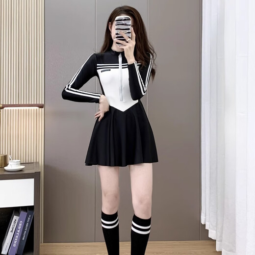 Bai Qixin swimsuit women's conservative and high-end one-piece swimsuit 2026 new summer professional belly-covering slimming large size swimsuit black and white one-piece long-sleeved swimsuit 80-120Jin Jin equals 0.5 kg