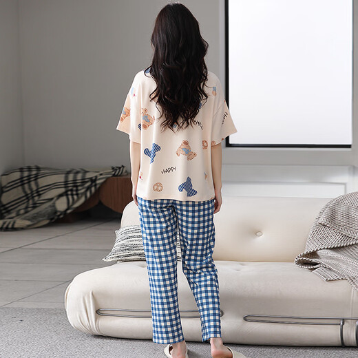 Cat Man 100% Pajamas de algodón puro para mujeres en pantalones de manga corta de verano ropa casual de mujeres para mujeres sueltas se puede usar gran tamaño fuera del traje 675 Apricot azul L [recomendado 100-120 Jin [Jin iguala 0.5 kg]]]