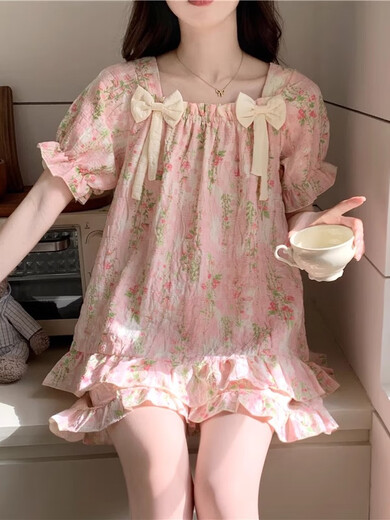 莫代尔带胸垫睡衣夏季新款女款碎花甜美薄款云朵纯棉短袖短裤家居服套装 449_9902-1#双短蓝条熊带胸垫 M