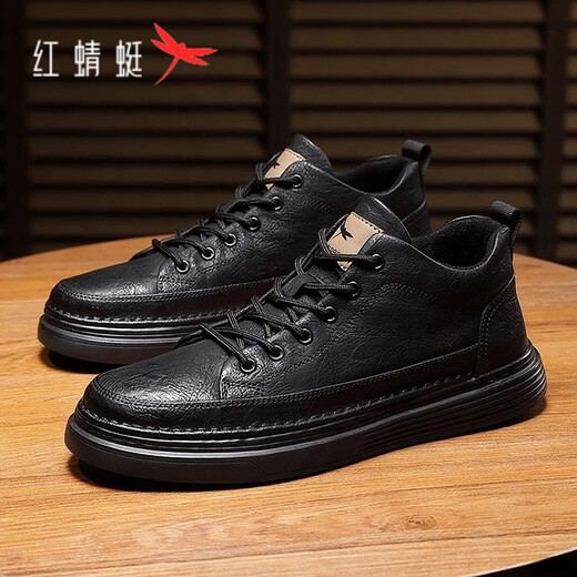 Red Dragonfly Men's Casual Shoes 2025 Autumn and Winter Leather Shoes New Versatile Classic Shoes Men's Light Luxury Business Black Shoes Men Black Four Seasons (7002T) Upgrade 42