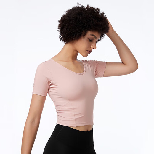 V-neck slim slimming yoga wear top for women professional Pilates short-sleeved T-shirt high elastic breathable sports fitness wear pink (YJY21-10-4) M