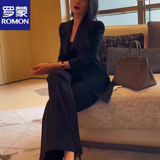 ROMON Official Black Suit Jacket Feminine Spring and Autumn High-end New Style 2026 Professional Casual Suit Fashionable Formal Black Jacket + Pants L _108-118Jin Jin is equal to 0.5 kg