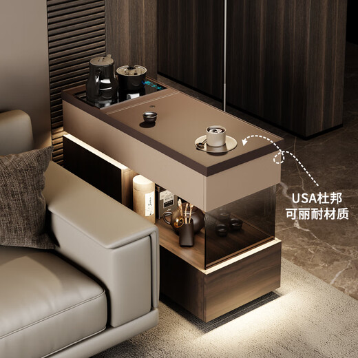Huanzemao Sofa Side Cabinet Tea Bar Machine Boiler Integrated Italian Style Mobile Coffee Table Cabinet With Kettle Integrated Side Table Small Tea Table Mobile Side Table + Socket + Drain Bucket With Light Strip