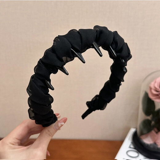Bo Na Ling black toothed comb headband for women to wear daily with high skull top 2025 new style high-end mesh rice beads headband hair accessories black bubble pleat soft gauze headband